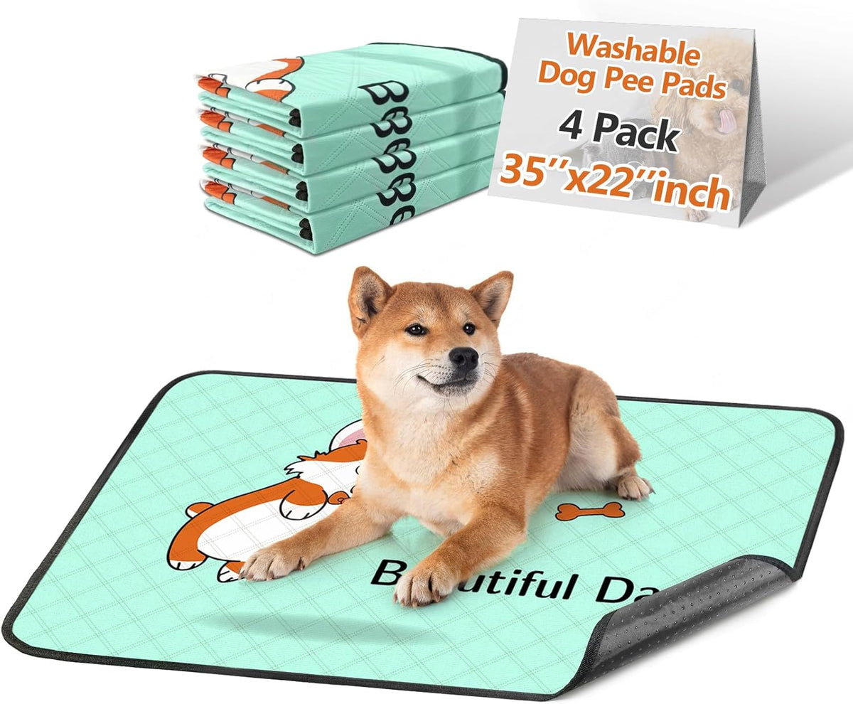 4-Pack Washable Dog Pee Pads (35x22in) – Reusable, Leak-Resistant & Absorbent Puppy Training Mats with Non-Slip Base – Blue